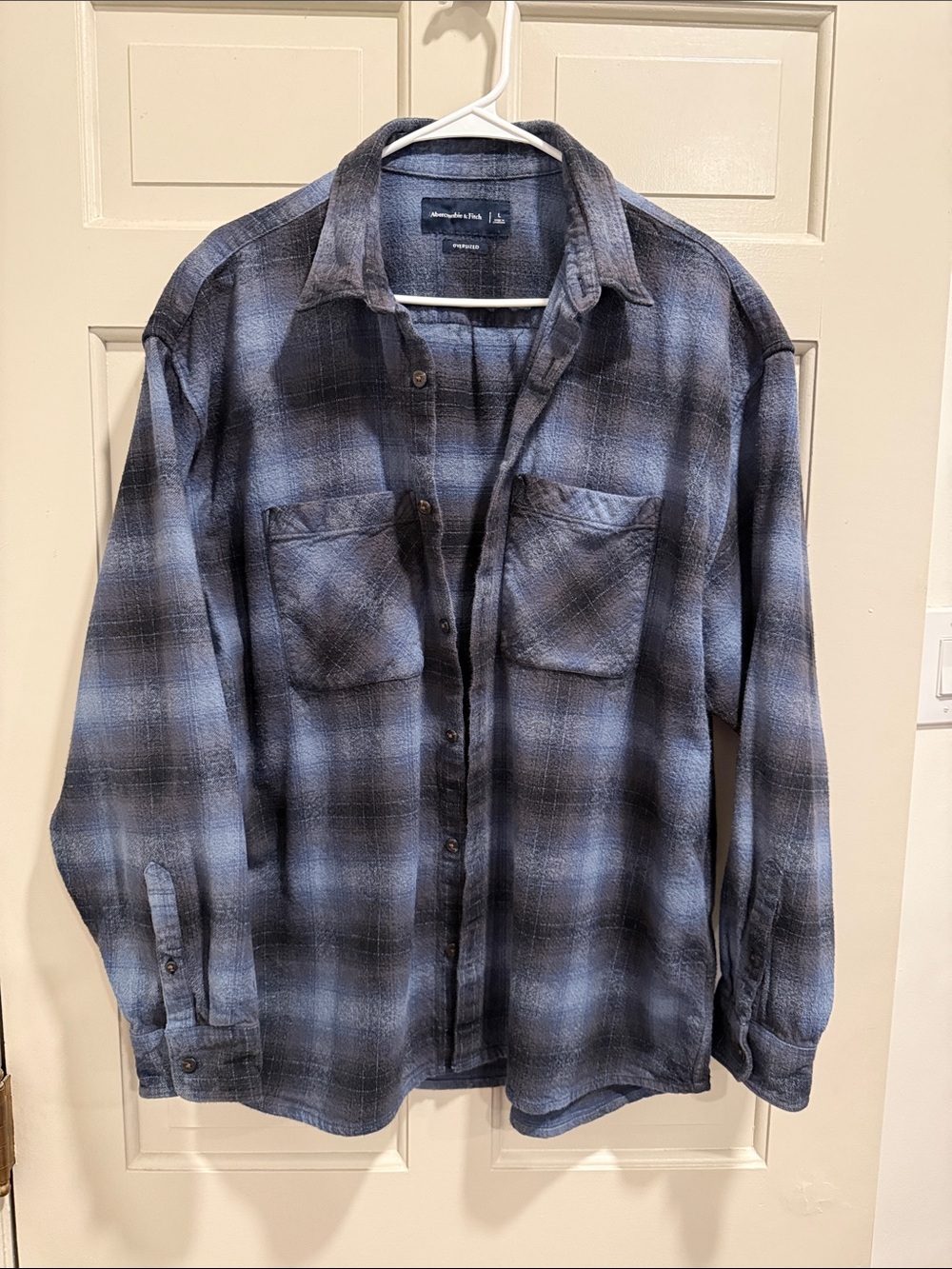 Abercrombie & Fitch Men's Oversized Flannel Plaid Shirt Blue Grey Ombre Size L